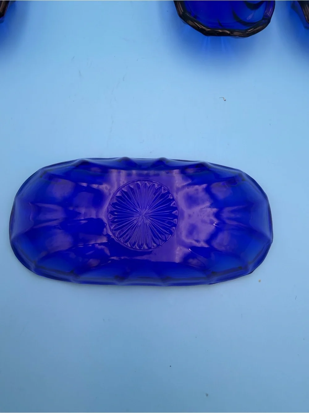 Set of 4 Vintage Cobalt Blue Glass Oval Relish Dishes, Scalloped Edges